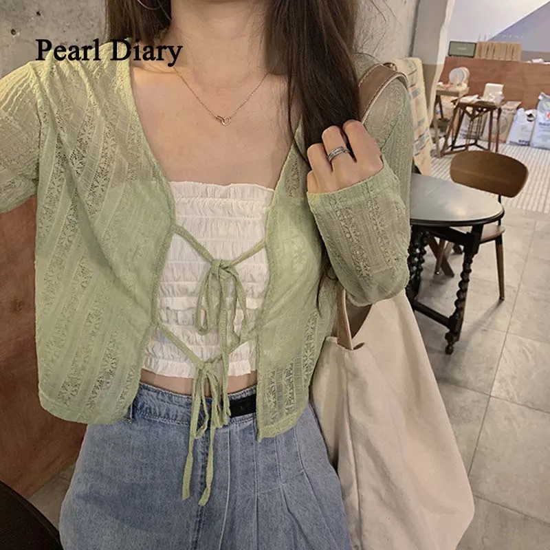 Pearl Diary Solid Color Thin Sunscreen Shirt V-Neck Knitting Top Women Frenulum Hollow Out Long Sleeve Cardigan