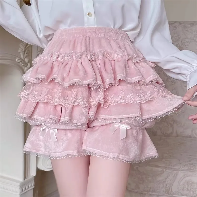 Women Kawaii Lolita Bloomers Lace Ruffles Plush Bow Harajuku Y2K Shorts