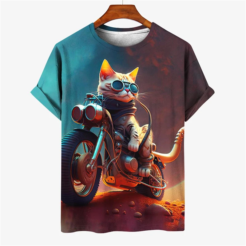 Cat Riding Motorcycle 3d Printed T Shirt Men Funny Cute Picture Short Sleeves O-neck Tee Shirts Street Harajuku Fashion Tees Top