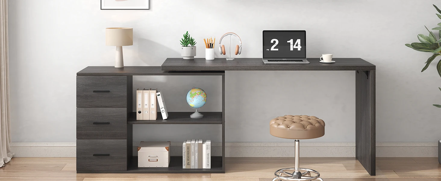 HSH L Shaped Computer Desk with Drawers, L Shaped Desk with Storage Cabinet Shelves