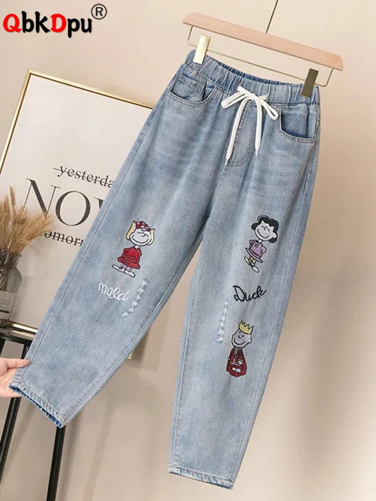 

Cartoon Embroided Harem Jeans Baggy Ankle-length Denim Pants Lace Up Spodnie Straight Ripped Vaqueros High Waist Jeansy Big Size