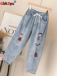 Pantalones Vaqueros bombachos con bordado de dibujos animados, Vaqueros holgados hasta el tobillo, con cordones, rectos, rasgados, de cintura alta, talla grande