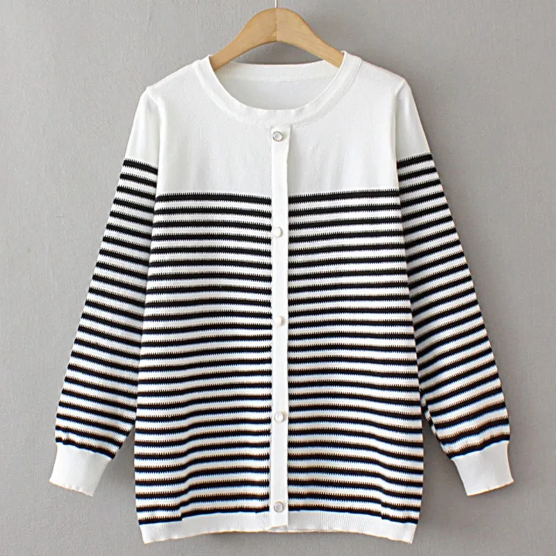 

4XL Plus Size Basic Sweaters Women Autumn Winter O-Neck Stripe Jumper Casual Knit Pullover Button Decoration Bottoming Knitwear