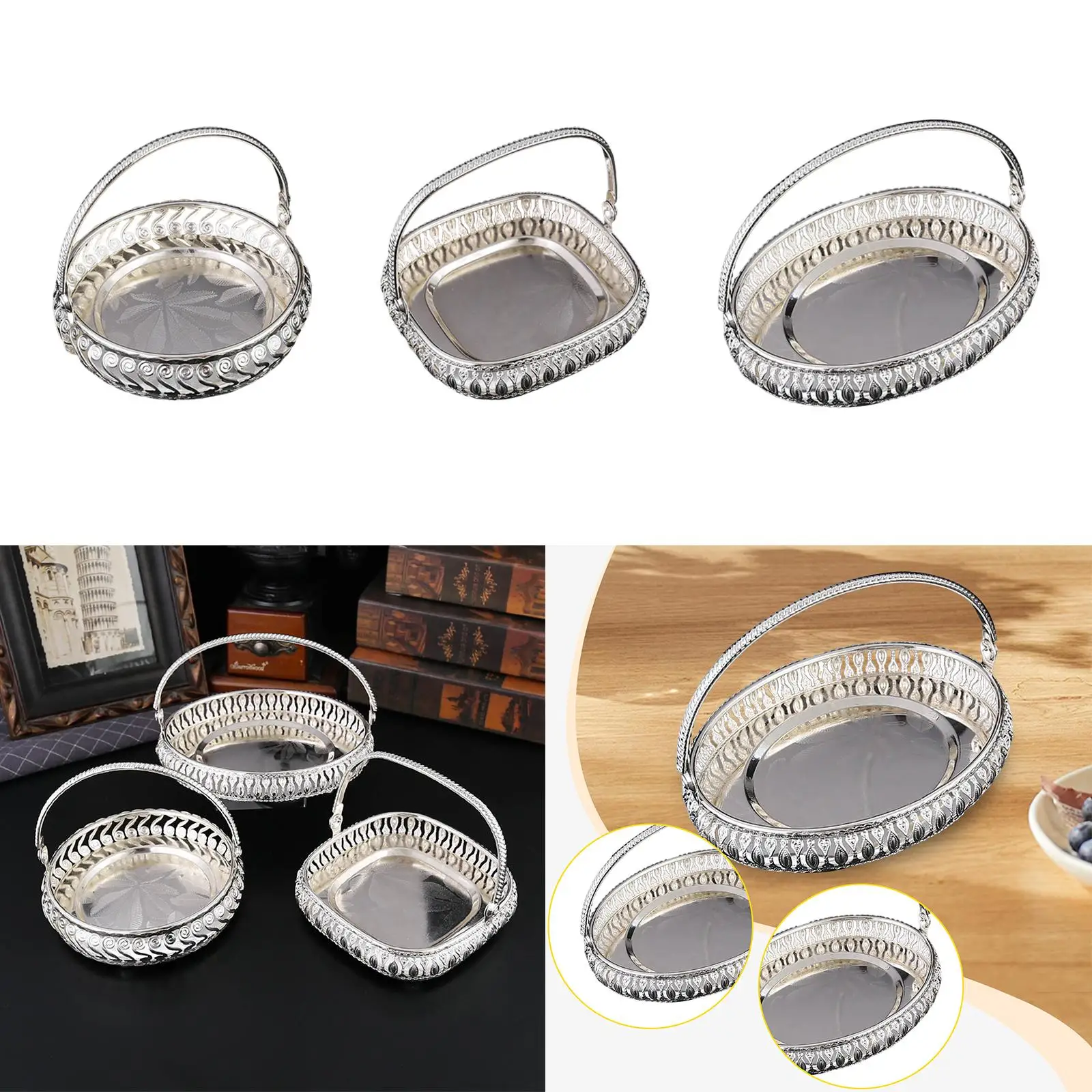 Classic Silver Serving Tray Dessert Storage Plate Retro Candy Basket Snack Dish for Dessert Table Display and Events