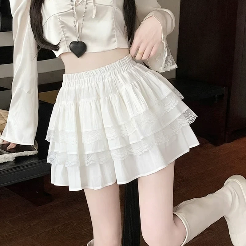 Women's High Waist Lace Tutu Cake Skirt Multi-Layer Pleated Elastic Waistband with Lining Korean Sweet Style Party Daily S-XL