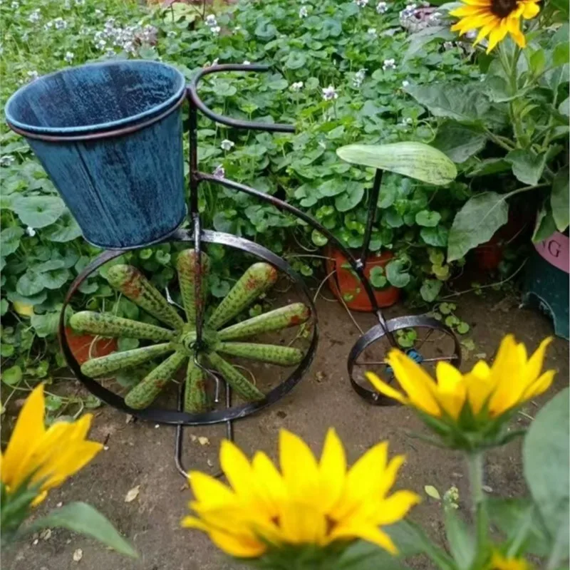 Creative bicycle shaped flower rack, home balcony flower pot rack, courtyard gardening landscape decoration ornament