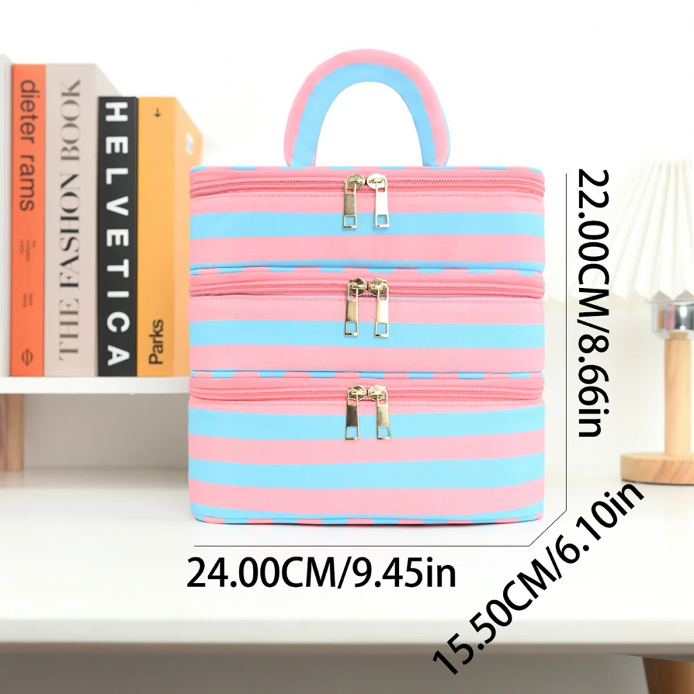 3-Layer Striped Makeup Bag Portable Travel Organizer  Waterproof Independent Compartments Large Capacity Toiletry Storage Case