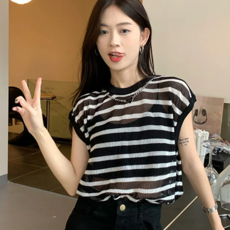 Striped Sweater Vest Women Casual Sheer Hotsweet Summer Personality New Korean Style Streetwear Harajuku Comfort O-neck Loose