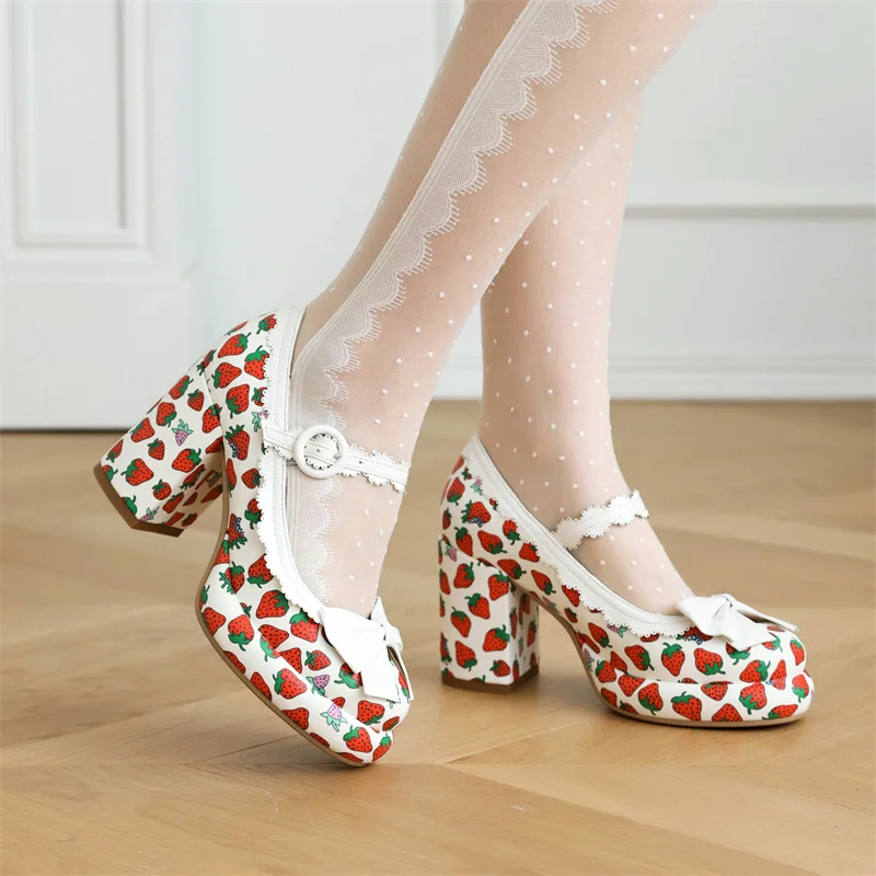 Sweet Cute Strawberry Print Pu Leather Mary Janes Shoes for Women Block High Heel Black Pink White Party Ladies Pumps Free Ship