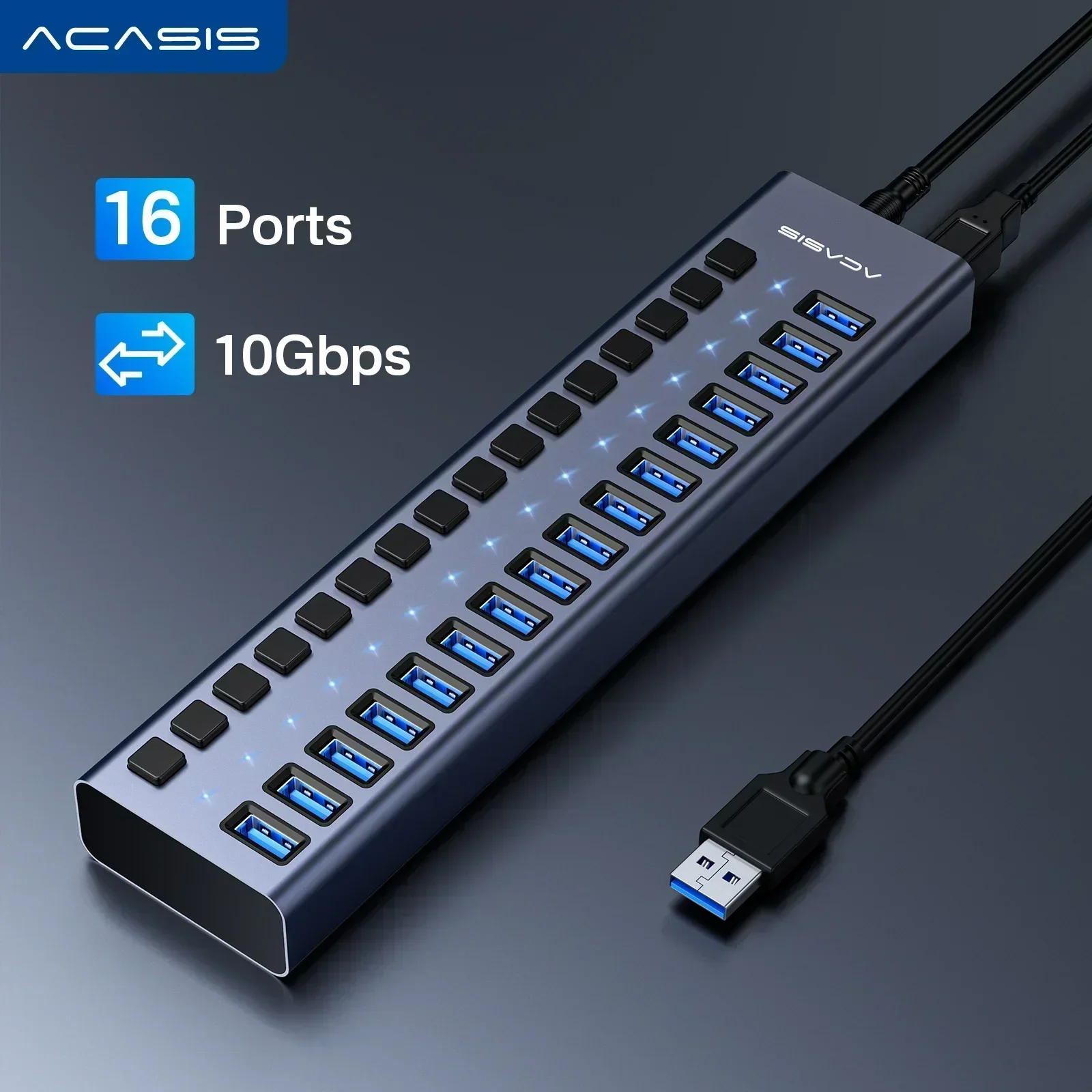 Acasis USB 3.1 10Gbps Hub 16 Ports Splitter Data Transfer Charging Individual Switch Indicator Light For Keyboard Mouse Printer