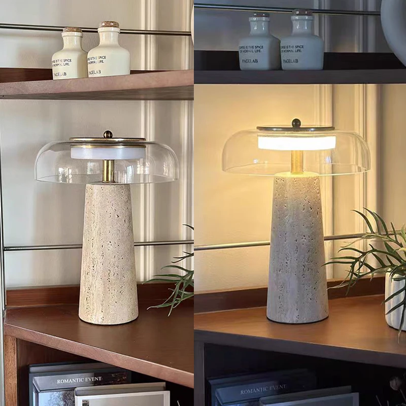Mushroom Shaped Travertine Table Lamp Modern Natural Yellow Cave Stone Desk Lamp Indoor Decor Lighting Bedroom Living Room Study