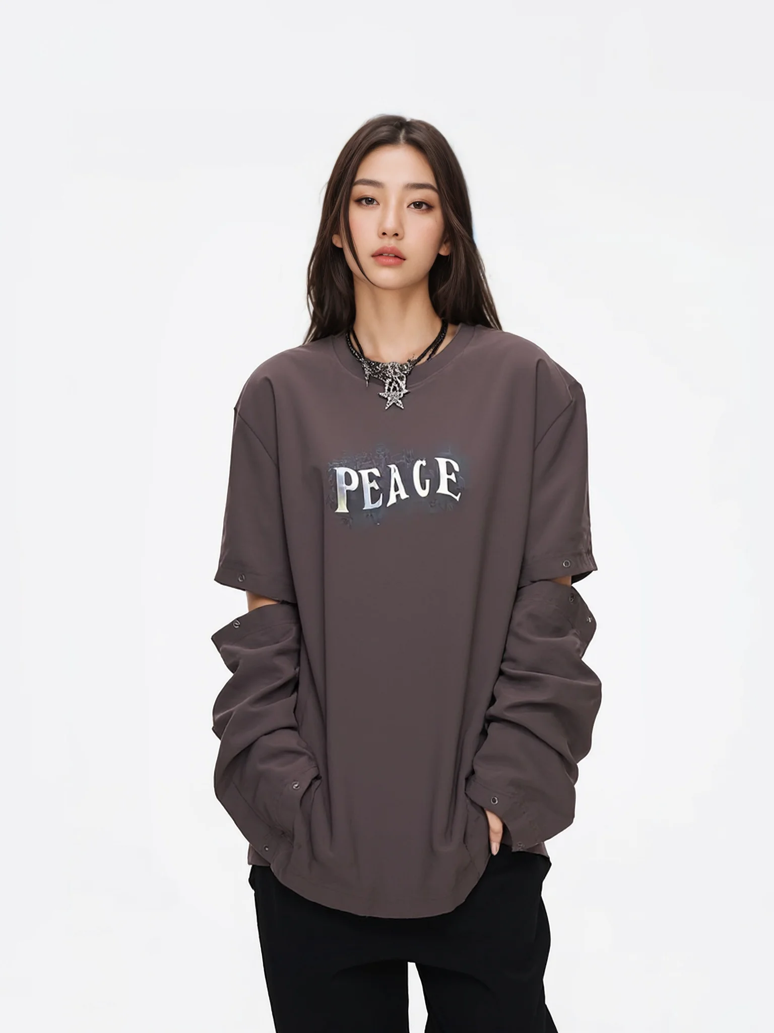 

New BW Women's Loose Fit round Ne Long Sve T-irt Hollow out Design Base irt Coffee Color Casual Sle Spring Cotton