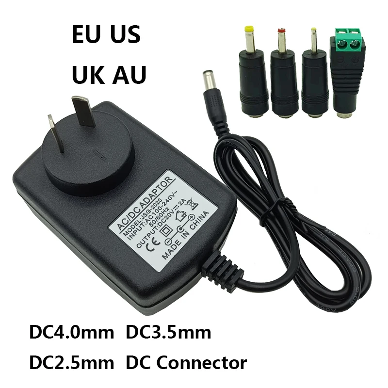 20V Adapter 20 Volt Power Supply 20V 1A 2A Power Adapter 1.5A 5.5x2.5 AU UK US EU Plug Connector DC4.0mm DC3.5mm DC2.5mm Jacks