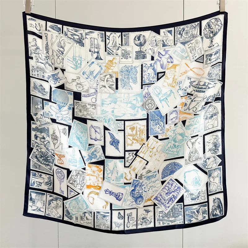 90x90cm Vintage Global Stamp Square Scarf 100% MULBERRY SILK Women Retro Art Print Shawl Neckerchief Multi Use Fashion Accessory