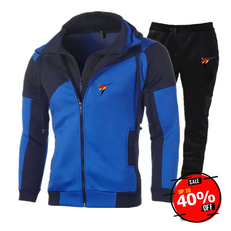 

2025 Spring Autumn WTF World Taekwondo Federation Print Men's Popular Splicing Zip Hoodies+Solid Color Drawstring Sweatpants Set