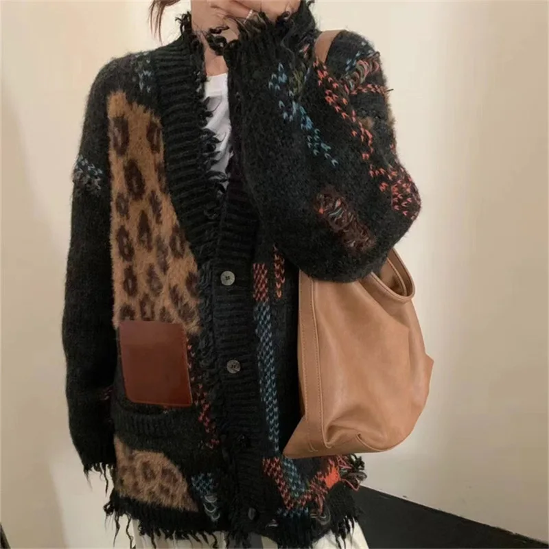 

Vintage Leopard Print Patchwork Knitted Cardigan Coat Women Fashion Tassel V-neck Single Breasted Sweater Coats Streetwear 2025
