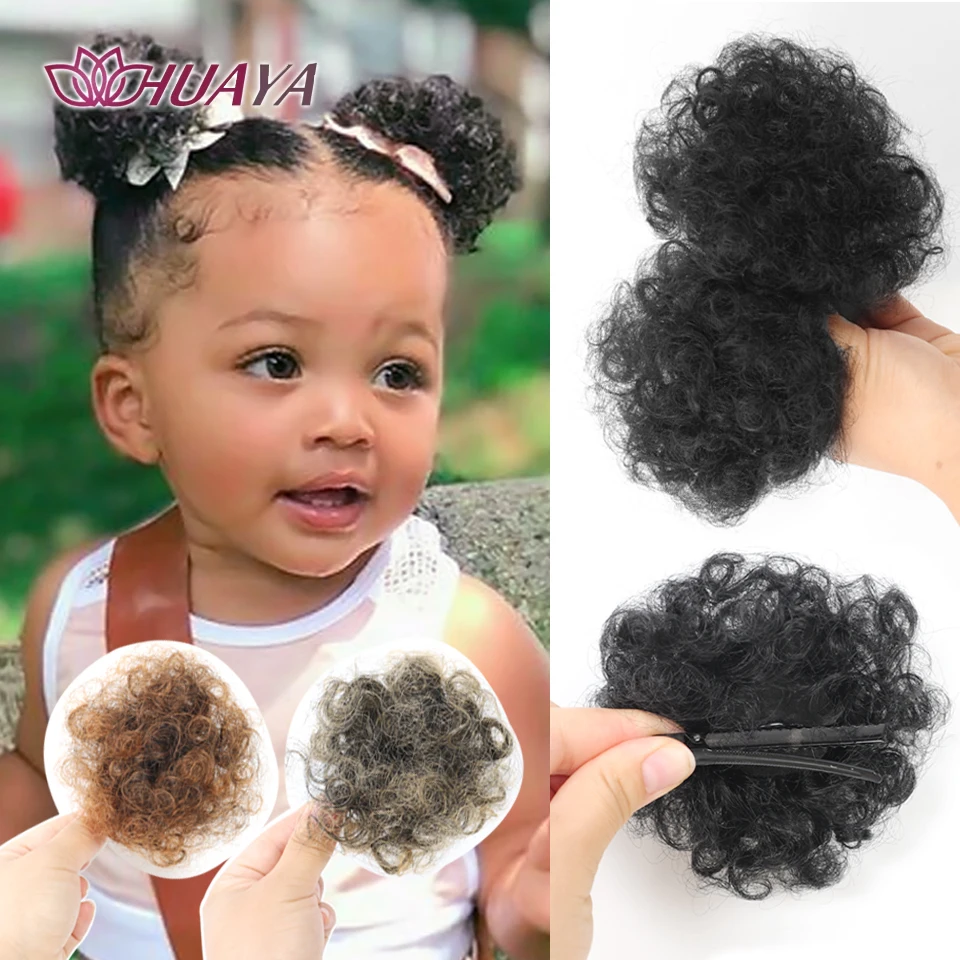 Synthetic Afro Puff Ponytail for Little Girls Kids Small Hair Buns Kinky Curly Hair Donut Chignon Extension Hairpieces with Hair