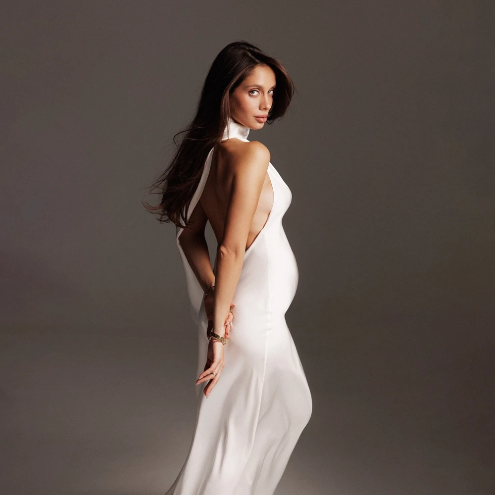 Modern Minimalist Maternity Photography Dress Halter Satin Gown Pregnancy Photo Shoot Props Studio Posing Clothes Apparel