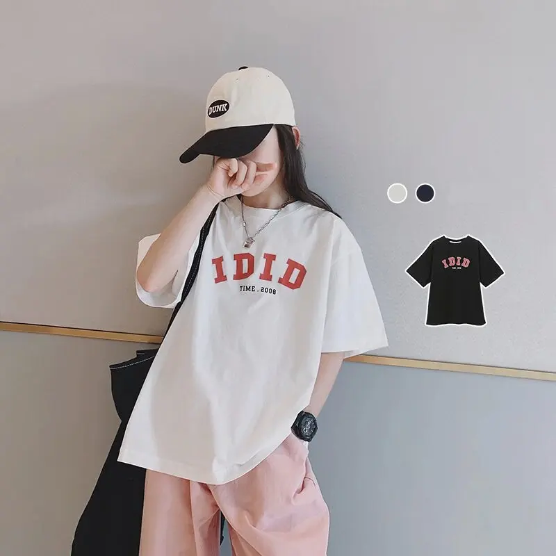 

Summer Casual School Kids Cotton Alphabet Tee Tops Baby and Girls Short-Sleeved T-Shirt Children Base Layer Outfit 1-16 Years