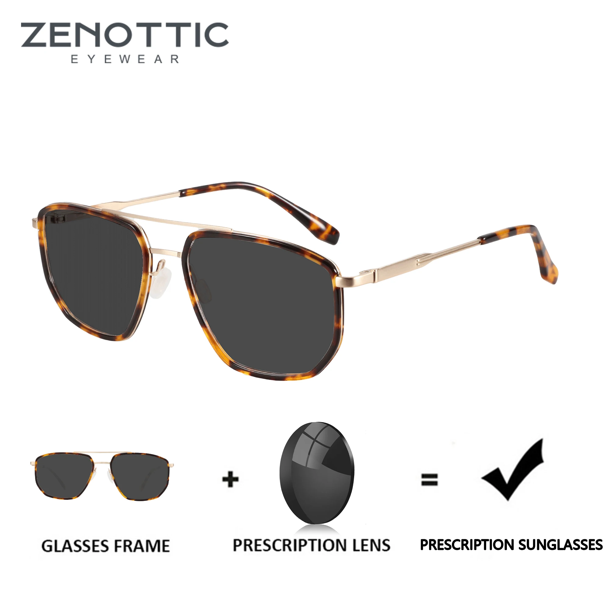 ZENOTTIC 2024 Classics Prescription Sunlasses Double Bridge Pilot Shade Myopia/Hyperopia/Progressive Optical Sun Glasses