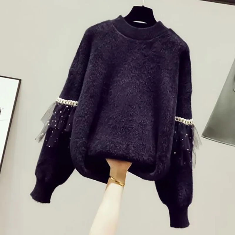 Fashion Diamonds Lace Lantern Sleeve Sweaters Female Clothing 2023 Autumn Winter New Loose Sweet Pullovers Casual Sweaters