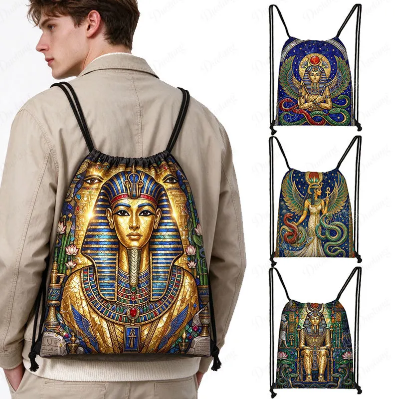 Ancient Egypt Pharaoh Tutankhamun Print Backpack Egyptian Goddess Isis Snake Women Drawstring Bag Large Storage Bag Shoes Holder