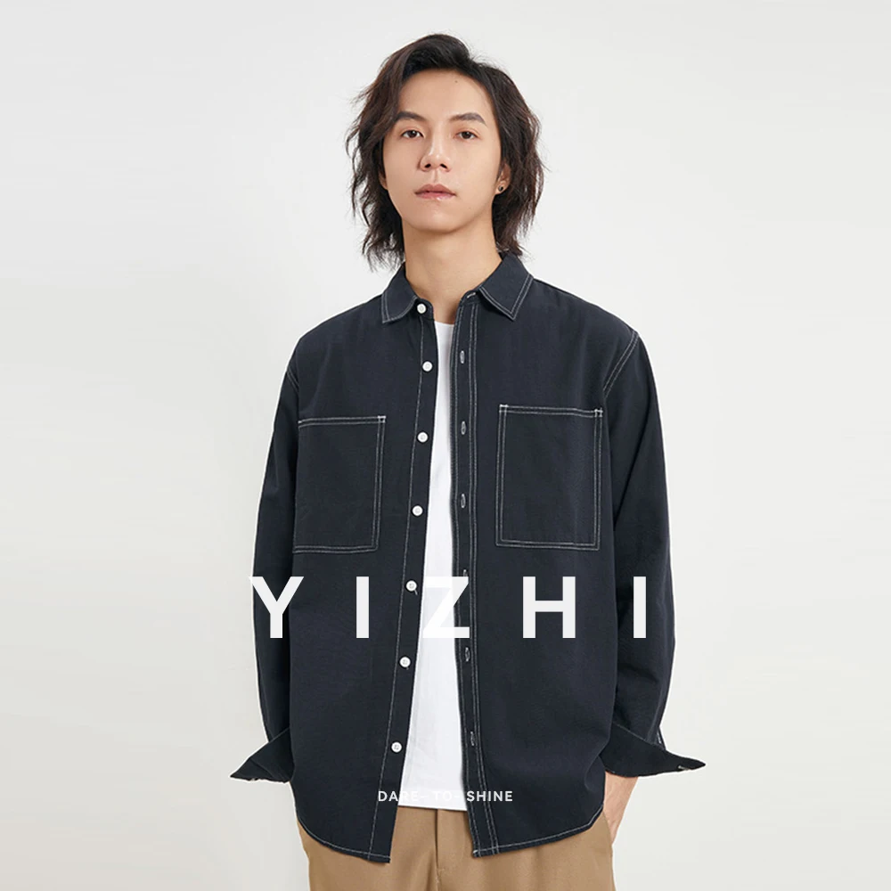 100% Cotton Men's Shirt Jacket 2025 Spring Autumn New Style Japanese Lapel Solid Color Shirt Loose Slightly Elastic Youth Jacket
