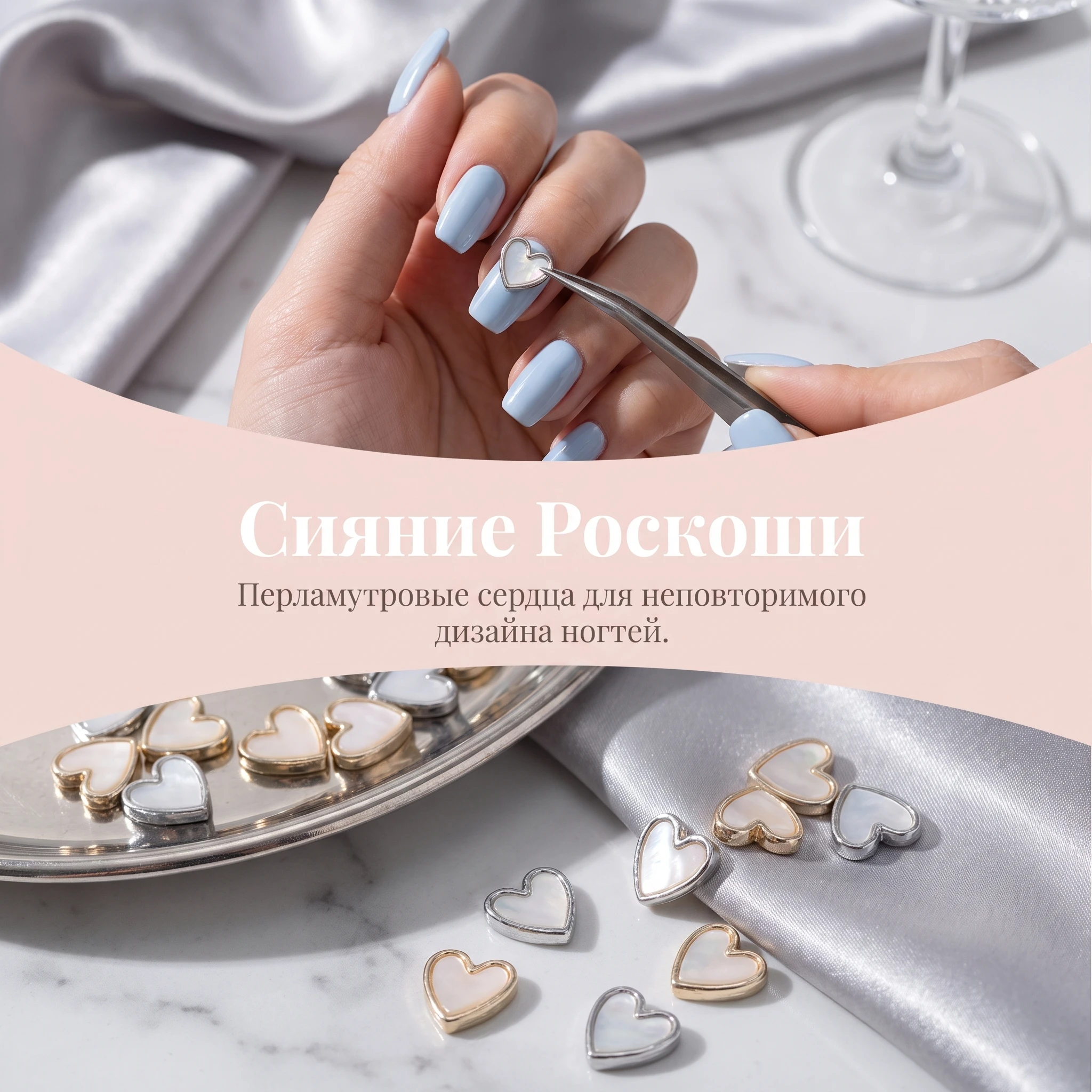 Pearlescent alloy heart nail charms, metallic setting with crystal sparkle, decorations for manicure and nail art