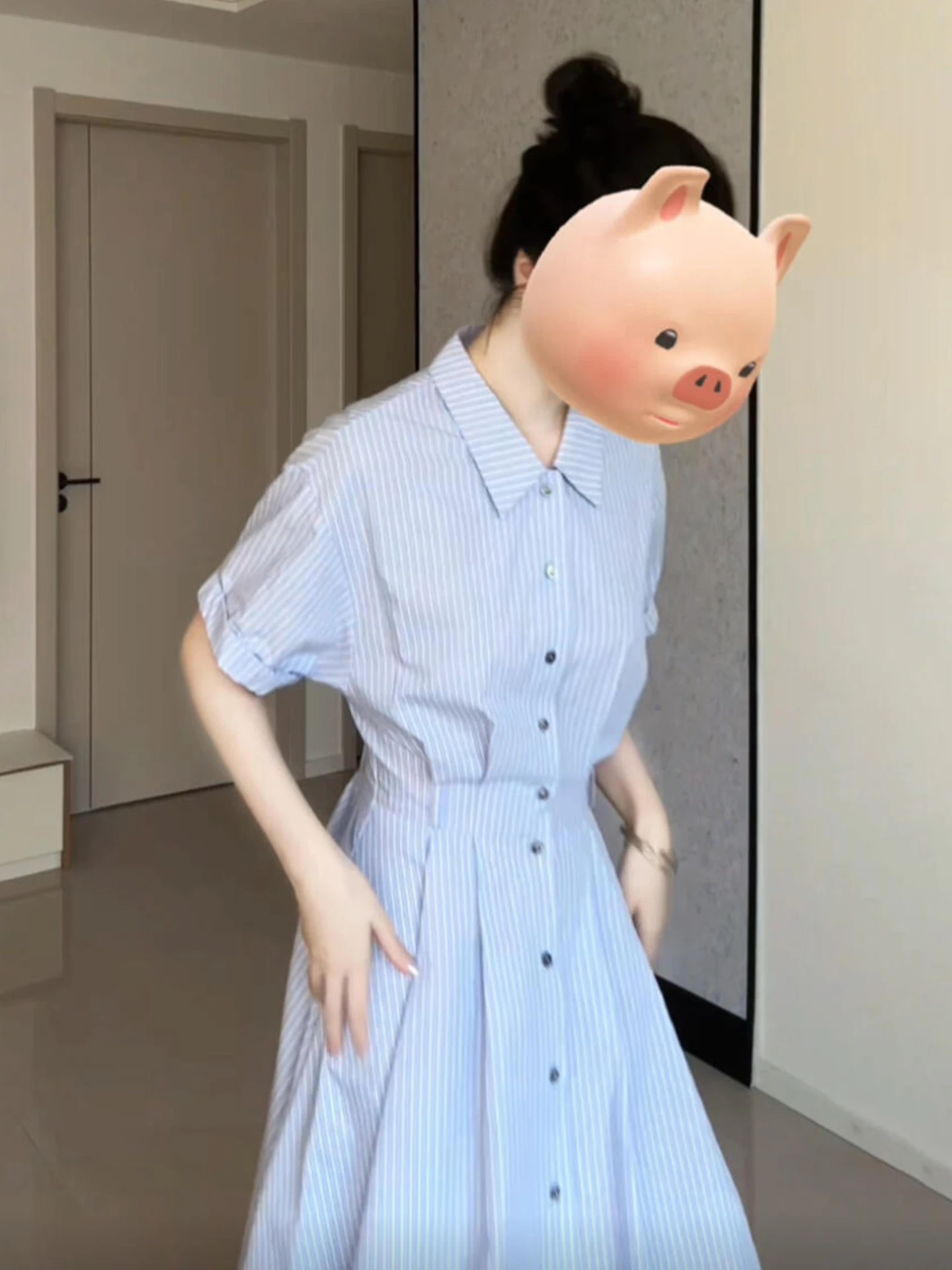 ブルーの女性用サマースカート、美しいエレガントなロング丈、スイートな和風、ハイウエストAラインスカート