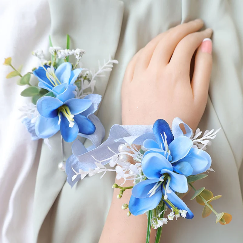 

25029 Blue Daisy Bohemian Rose Flower Corsage & Wristlet Set - Perfect for Brides, Groomsmen, and Wedding Decorations