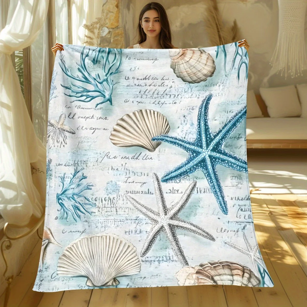 Vintage-Style Coastal Printed Blanket Cute Blue Starfish Conch Shell Warm Cozy Throw Blankets for Living Room Sofa Couch Decor