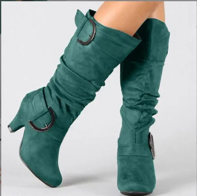 Fashion New Knee High Boots Women Autumn Faux Suede Buckle Boots Fashion Spike Heels Woman Shoes Winter Boots Large size