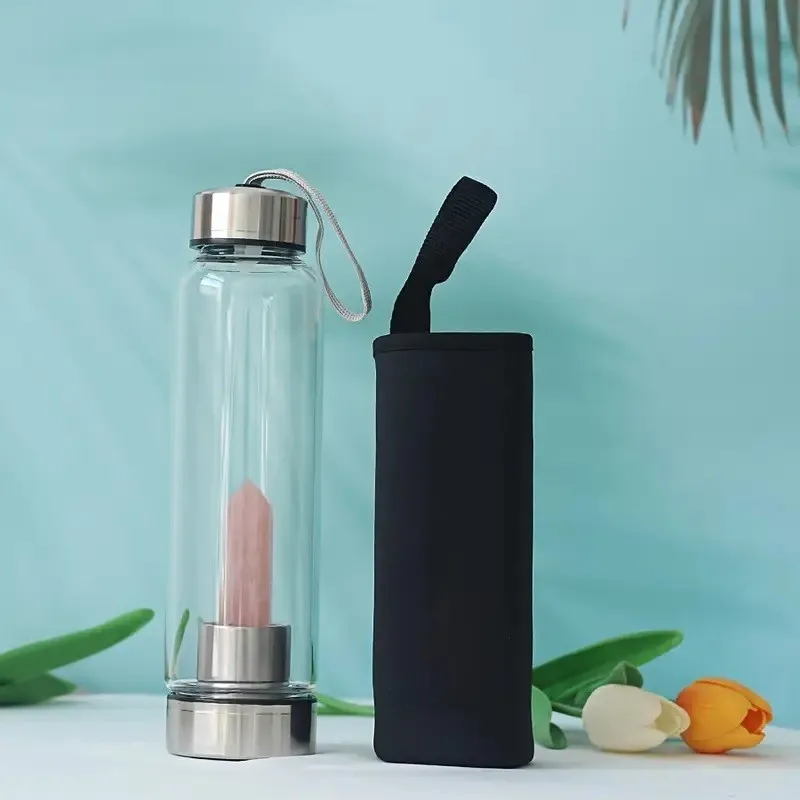 Natural Hexagonal Energy Crystal Column Glass Water Cup Bottle with Lanyard Water Bottle with Rose Quartz inside (Energy Stone)