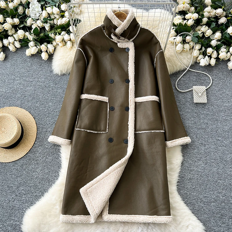 Winter Sheep Fur Long Lambwool Jacket Coat Women New Slim Double Breasted Sheepskin Fur Jacket Winter Stand Collar Female Jacket