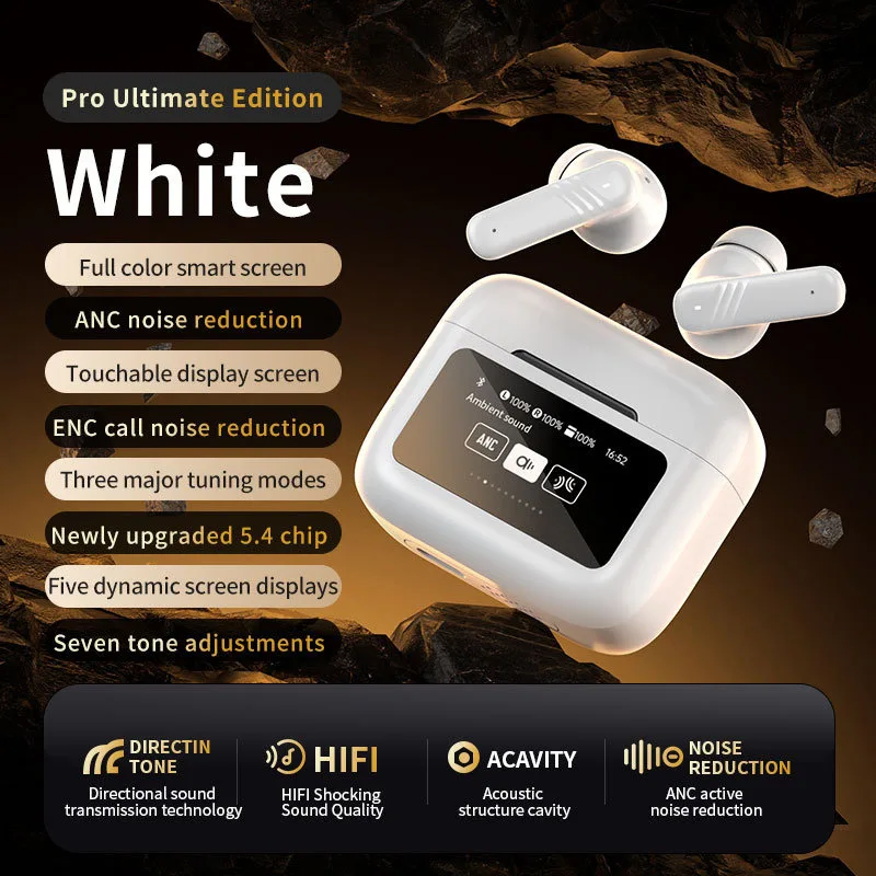 

Bluetooth Wireless Full Color Touch Screen Earphones ANC+ENC Noise Reduction Long Endurance In-ead Earsets For Game Sport Office