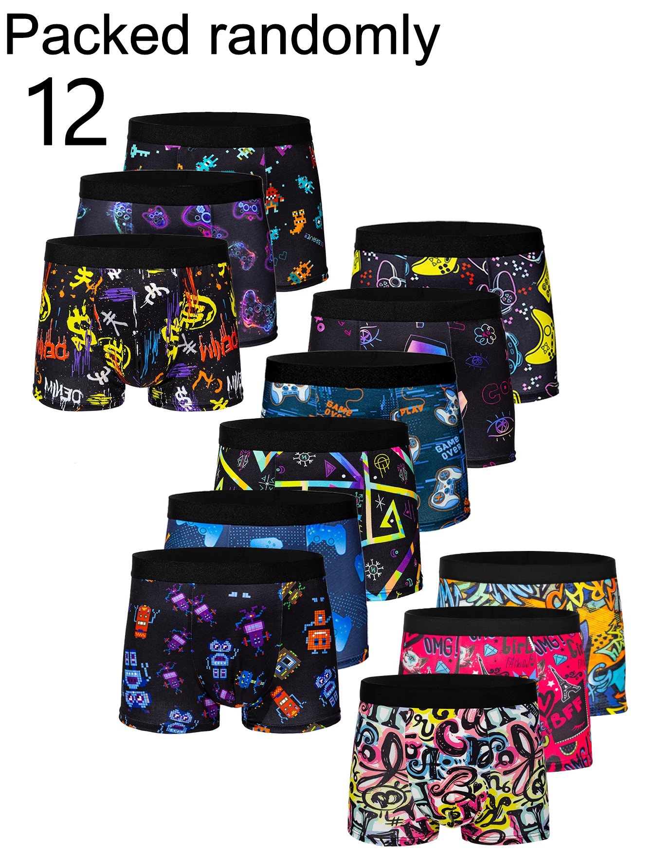 12-Pack Random Men's Pixel Graffiti Print Boxer Shorts Comfortable High Elastic Trendy Youth Fashion Multi-Color Random Delivery