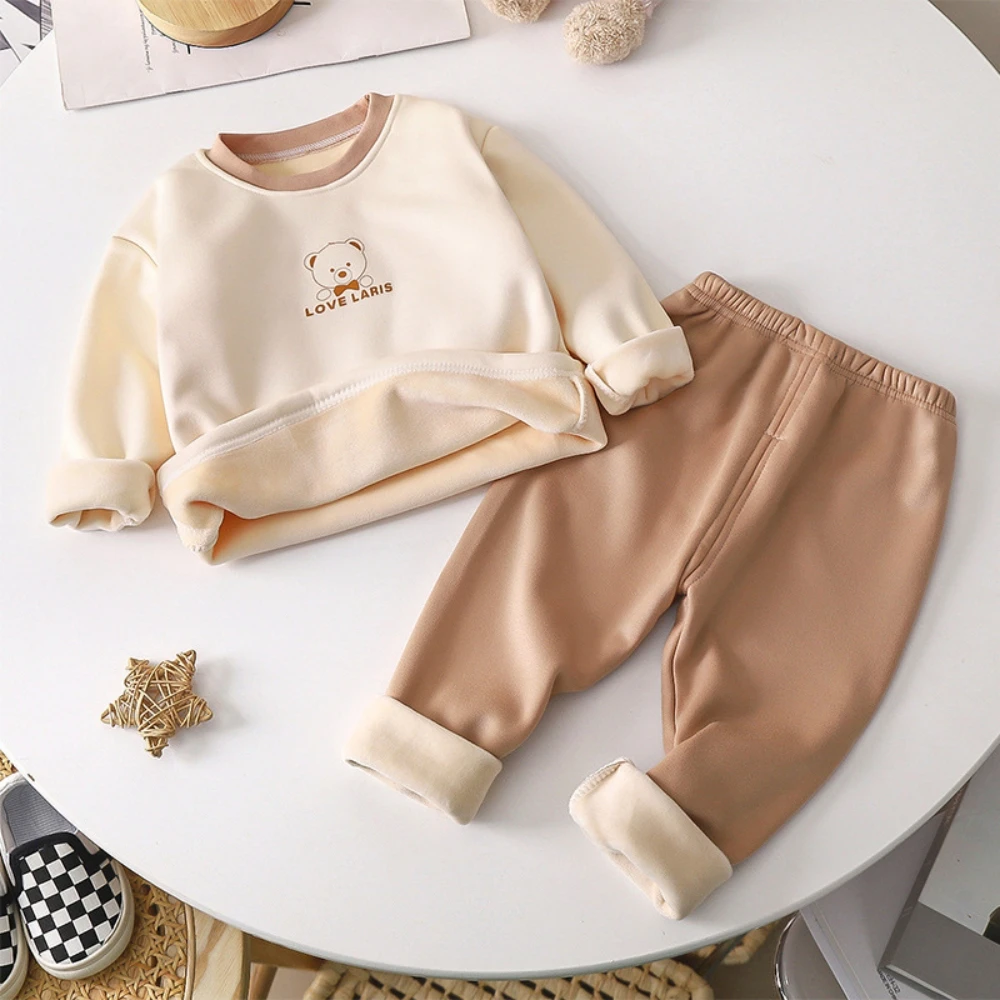 Children Thermal Underwear Set Fleece Thickened Autumn Winter New Long Sleeves Long Pants Casual Loungewear Warm Pajamas Unisex