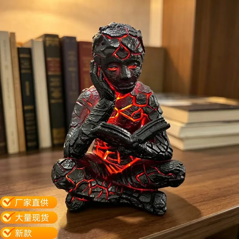 LED Illuminated Lava Reader Statue, Cracked Resin Glowing Thinker Sculpture, Light Up Book Home Office, Desk Table Decor Gift