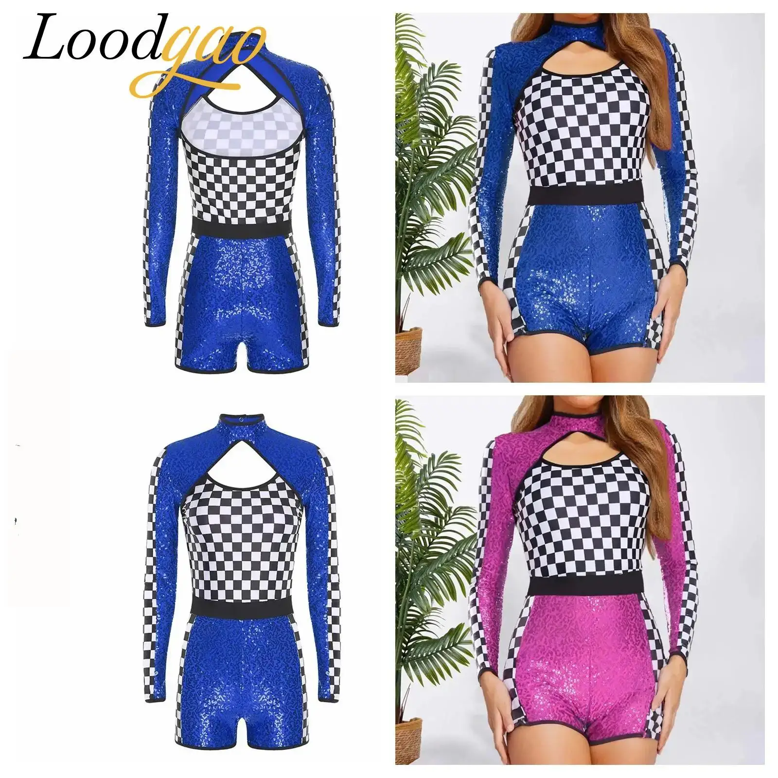 المرأة سباق سائق سيارة المتسابق زي تأثيري الشطرنج Unitard لامعة الترتر بذلة حفلة موسيقية الهذيان الرقص كرنفال وتتسابق #1