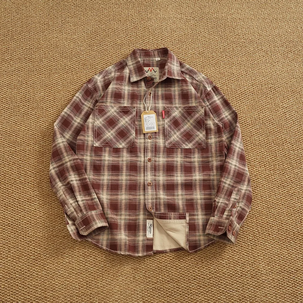 Pocket work plaid shirt men's American casual lapel spring and autumn tops retro plaid long-sleeved shirt jacket