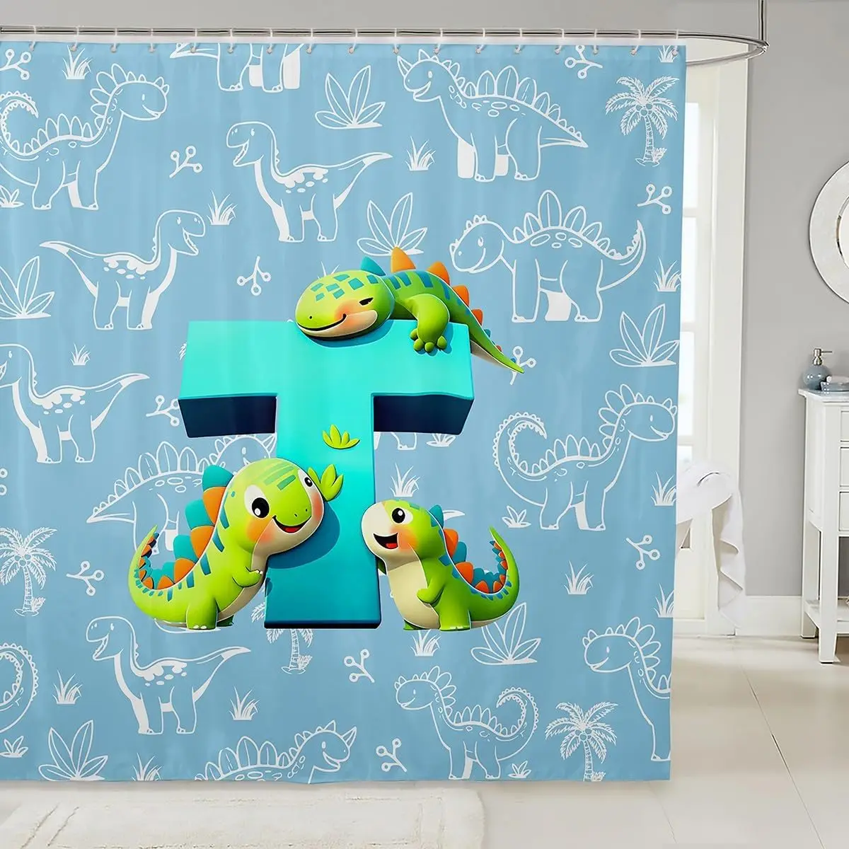 

Занавеска для ванной комнаты с изображением животных джунглей, милый мультяшный Дино, занавеска для душа, начальная буква T, аксессуары для ванной комнаты для детей и взрослых,