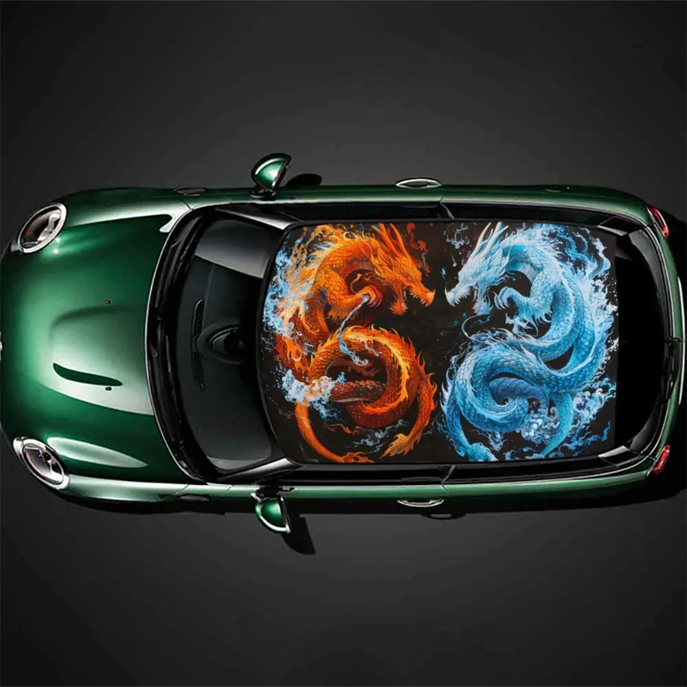 

Elemental Duel, Fire and Ice Dragons Car Roof Sticker, Durable Car Vinyl Wraps, Racing SUV Car Accessory Packaging