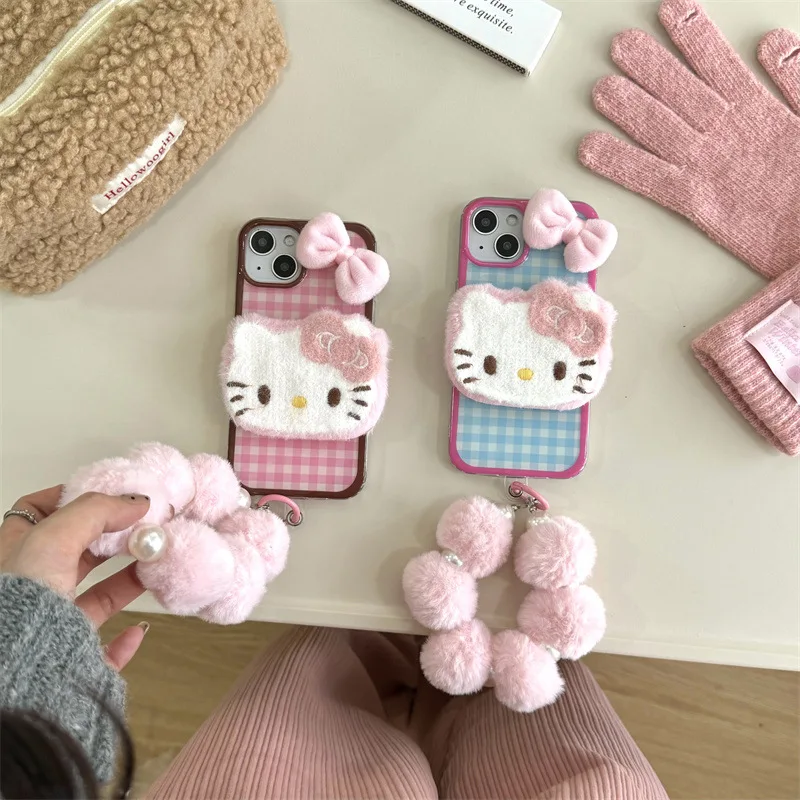 

Sanrio Hello Kitty Plush Bow Kawaii Phone Case For Iphone 16 15 14 13 Promax Y2k Sweet Girl have pendants Phone Protective Cover