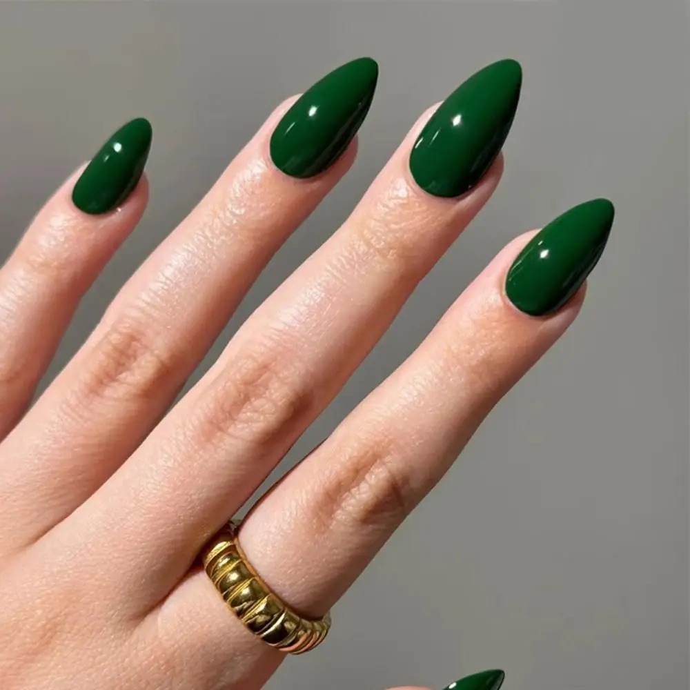 

Manicure Long Almond False Nails Simple Green Color Press on Nails Detachable French Nail Tips Women