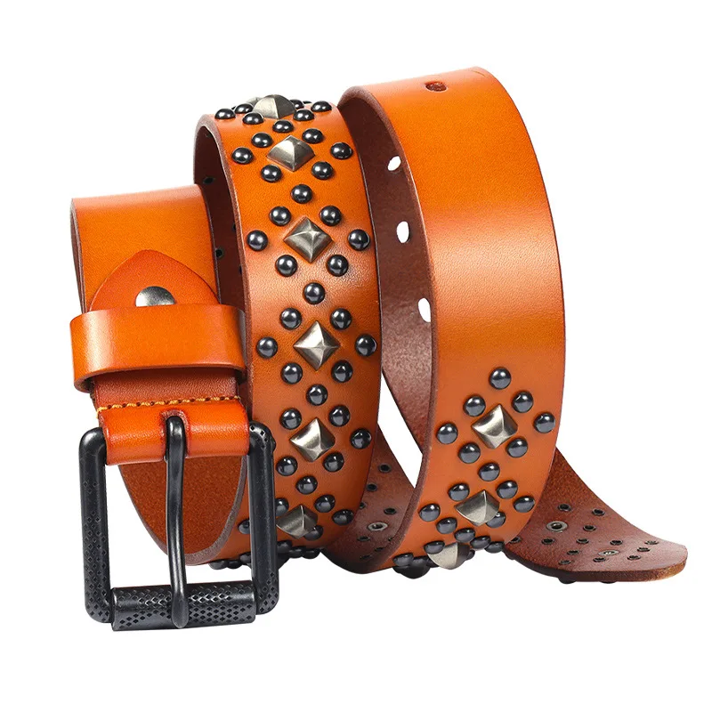 men's fashion rivets belt genuine leather studded belts punk hip hop strapon women pin buckle waistband designer cool sash leash