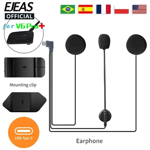 Imagen 1 del producto Para EJEAS V6 PRO + enchufe tipo C casco de motocicleta auriculares con altavoz micrófono opcional Clip y Base