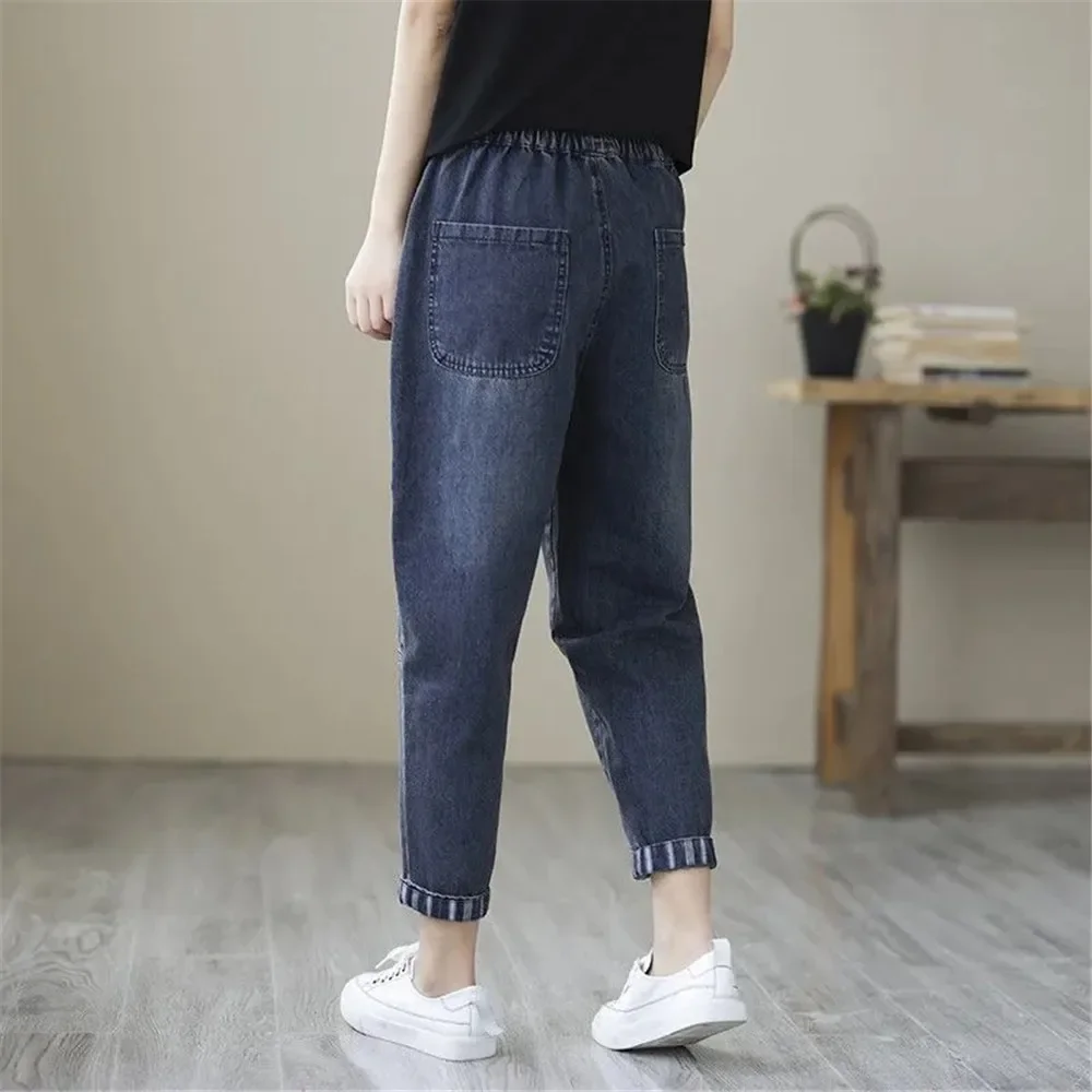 Jean baggy taille haute élastique pour femme, pantalon en denim, jambe large, jogging décontracté, vintage, épais, chaud, hiver