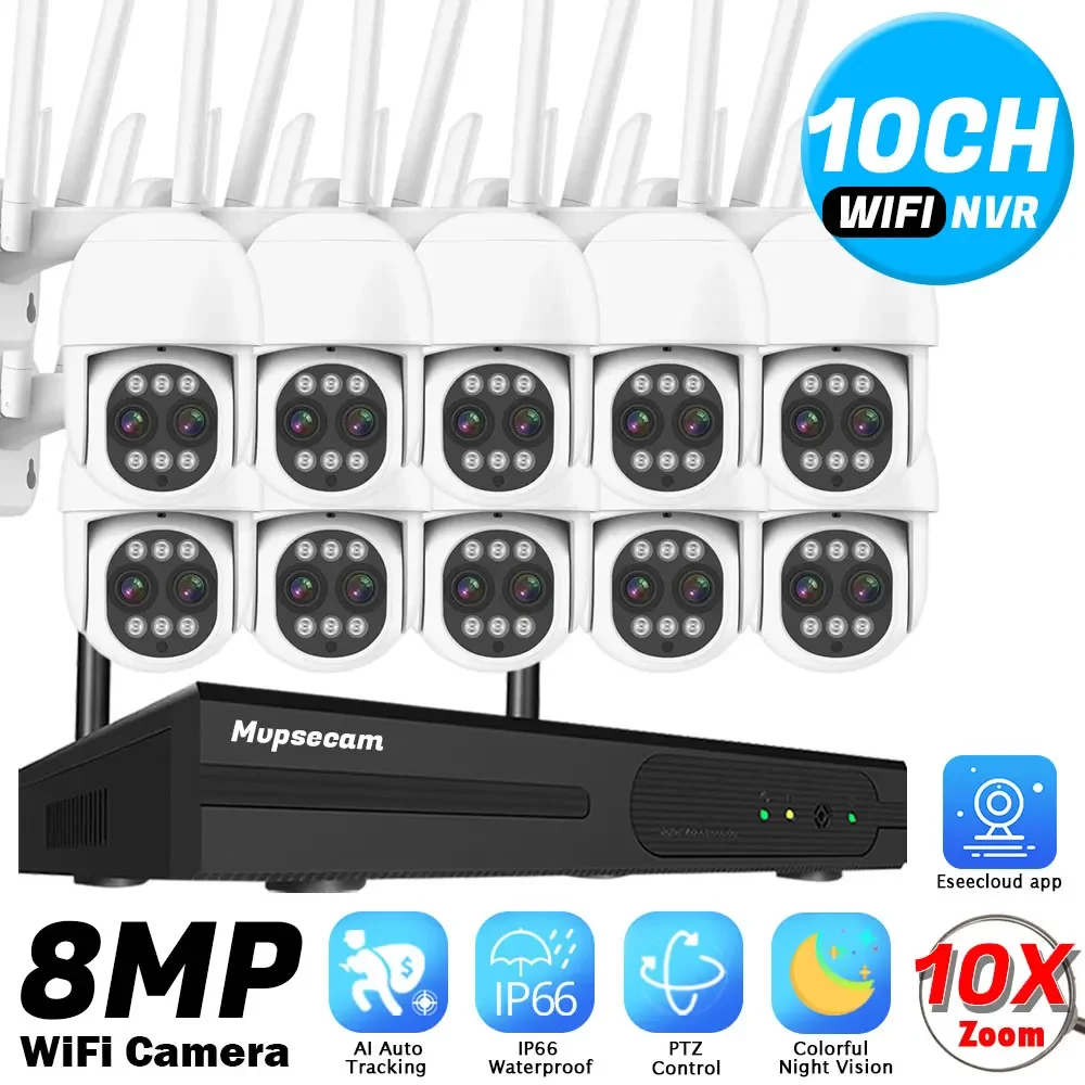 8MP Outdoor WiFi CCTV Camera 10X Zoom Security System Kit 10CH NVR Recorder Set P2P Wireless IP Camera Video Surveillance System