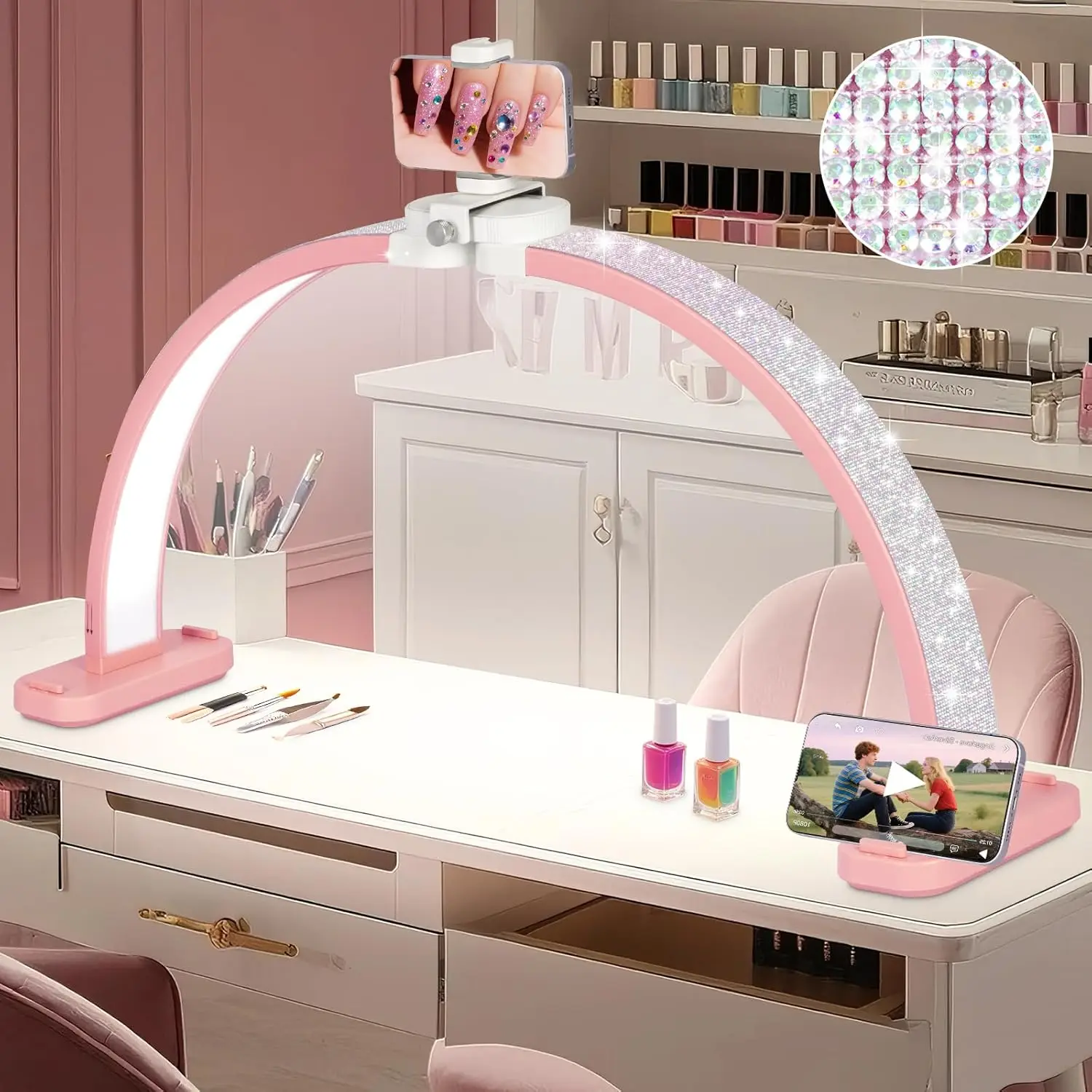 31in Half Moon Nail Desk Lamp, Foldable LED with Phone Stand
