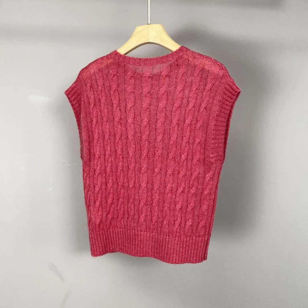 2025 Primavera y novedad de verano, jersey que combina con todo para ir al trabajo, cuello redondo, encaje de cáñamo retorcido, chaleco tejido sin mangas